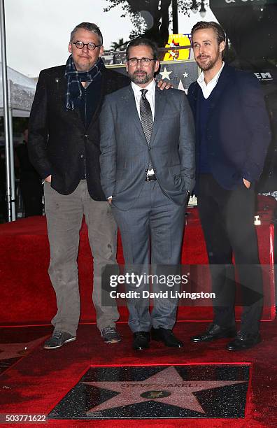 Director Adam McKay and actors Steve Carell and Ryan Gosling attend Steve Carell being honored with a Star on the Hollywood Walk of Fame on January...