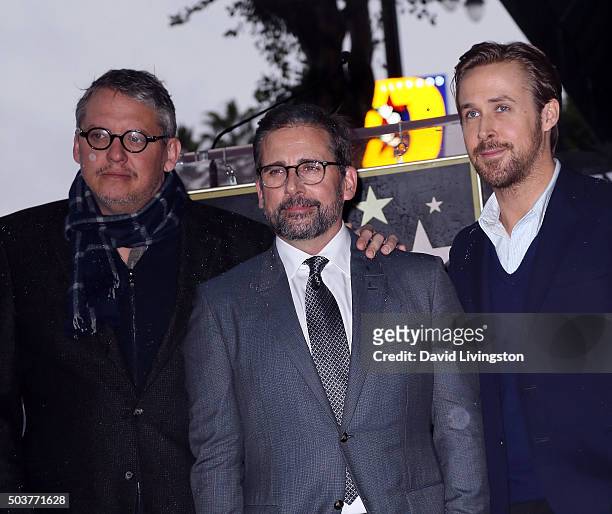 Director Adam McKay and actors Steve Carell and Ryan Gosling attend Steve Carell being honored with a Star on the Hollywood Walk of Fame on January...