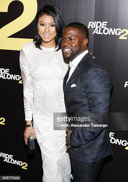 Eniko Parrish and Kevin Hart are seen arriving at the world premiere of the film "Ride Along 2" on January 6, 2016 in Miami Beach, Florida.
