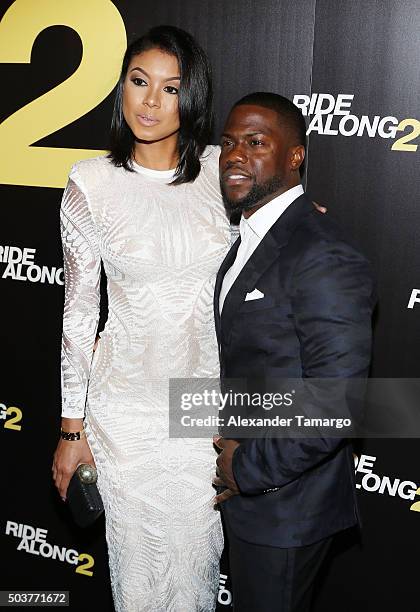 Eniko Parrish and Kevin Hart are seen arriving at the world premiere of the film "Ride Along 2" on January 6, 2016 in Miami Beach, Florida.