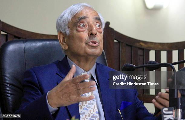 Jammu & Kashmir Chief Minister Mufti Mohammad Sayeed addresses a press conference on November 13, 2015 in Jammu, India. Mufti Mohammad Sayeed died at...