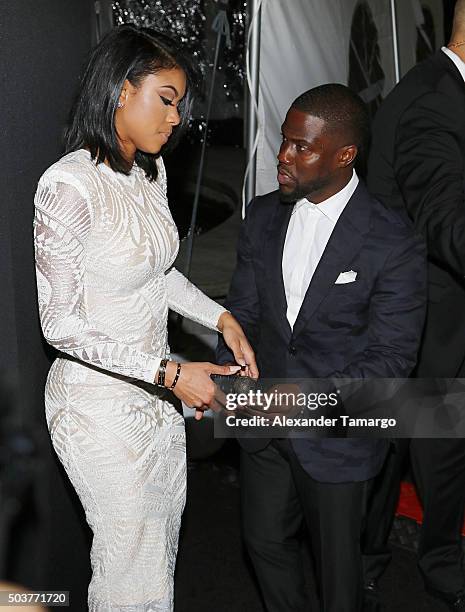 Eniko Parrish and Kevin Hart are seen arriving at the world premiere of the film "Ride Along 2" on January 6, 2016 in Miami Beach, Florida.