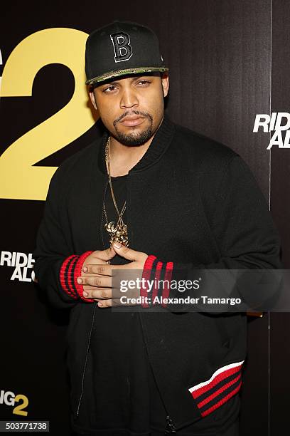 Shea Jackson Jr is seen arriving at the world premiere of the film "Ride Along 2" on January 6, 2016 in Miami Beach, Florida.