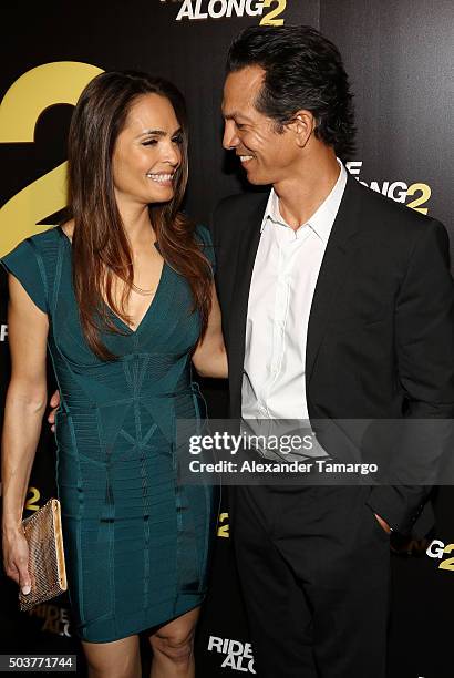 Talisa Soto and Benjamin Bratt are seen arriving at the world premiere of the film "Ride Along 2" on January 6, 2016 in Miami Beach, Florida.