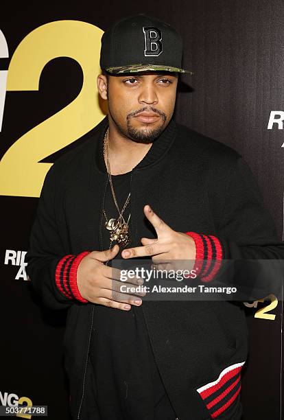 Shea Jackson Jr is seen arriving at the world premiere of the film "Ride Along 2" on January 6, 2016 in Miami Beach, Florida.