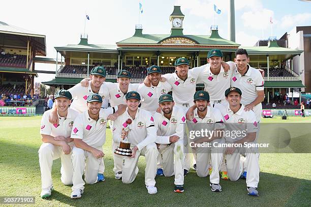 The Australian team pose with the Frank Worrell Trophy after winning the series during day five of the third Test match between Australia and the...