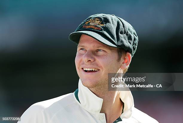 Australian captain Steve Smith smiles after winning the series on day five of the third Test match between Australia and the West Indies at Sydney...