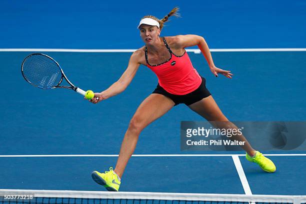 Naomi Broady of Great Britain plays a forehand return against Sloane Stephens of the USA during day four of the 2016 ASB Classic at ASB Tennis Arena...