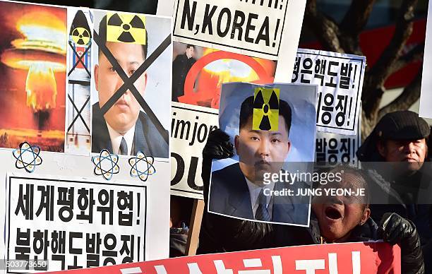 South Korean conservative activists shout slogans with placards showing portraits of North Korean leader Kim Jong-Un during a rally denouncing North...