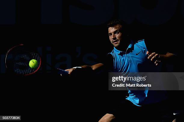 Grigor Dimitrov of Bulgaria plays a forehand against Viktor Troicki of Serbia during day five of the 2016 Brisbane International at Pat Rafter Arena...