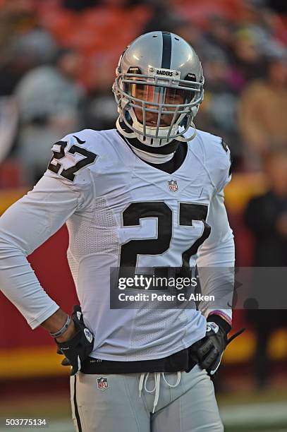 Safety Taylor Mays of the Oakland Raiders looks on prior to a game aganst the Kansas City Chiefs on January 3, 2016 at Arrowhead Stadium in Kansas...