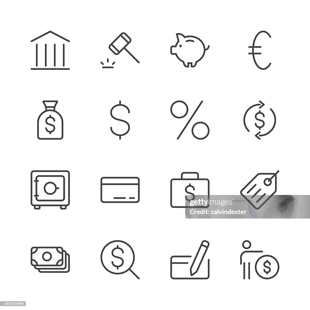 Banca e finanças ícones, conjunto 1/Black linha série