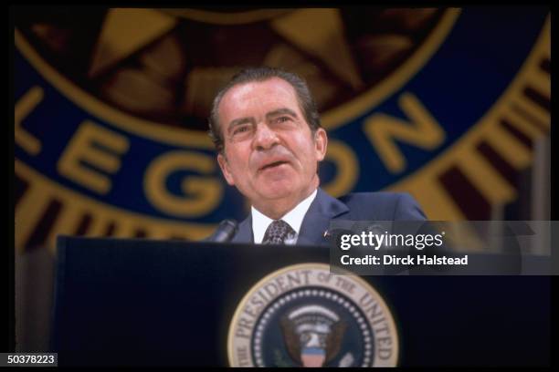 President Richard Nixon speaking at the 1972 American Legion Convention.