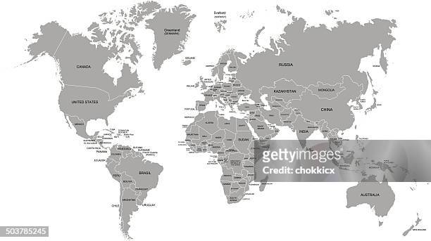 weltkarte in grau mit jedem land namen - world map stock-grafiken, -clipart, -cartoons und -symbole