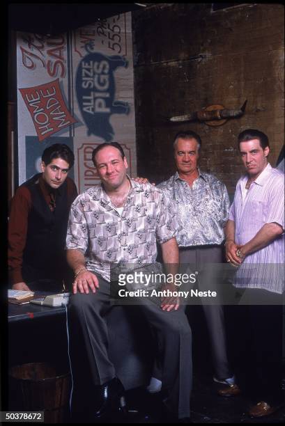 Actors Michael Imperioli, Jmaes Gandolfini, Tony Siroco & Steve Van Zandt in scene from HBO cable TV series The Sopranos.
