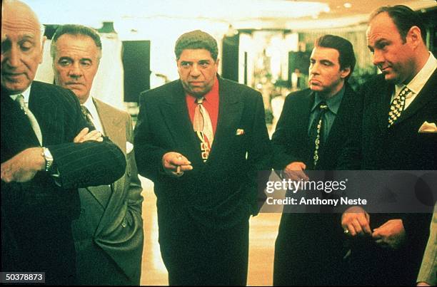 Actors Dominic Chianese, Tony Sirico, Vincent Pastore, Steve Van Zandt & James Gandolfini in scene from HBO TV drama series The Sopranos.