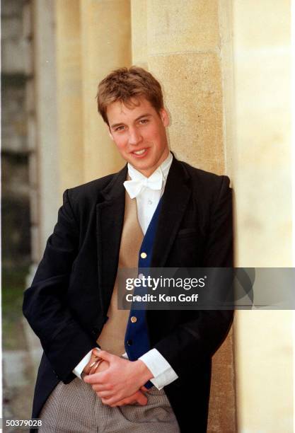 England's Prince William wearing vest & sponge bag trousers as one Eton's 21 elected prefects.