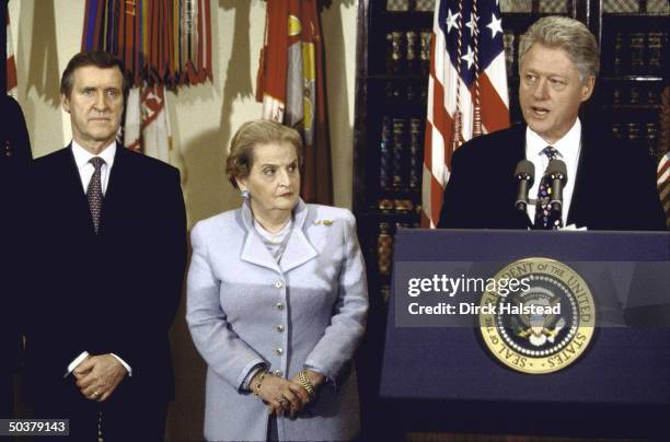 Defense Secy. William Cohen, State Secy. Madeleine Albright & Pres. Bill Clinton at White House briefing about US-led allied military action to...