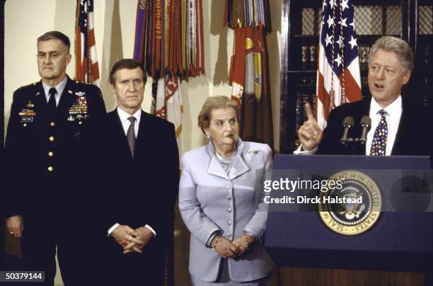 Gen. Hugh Shelton, Defense Secy. William Cohen, State Secy. Madeleine Albright & Pres. Bill Clinton at White House briefing about US-led allied...