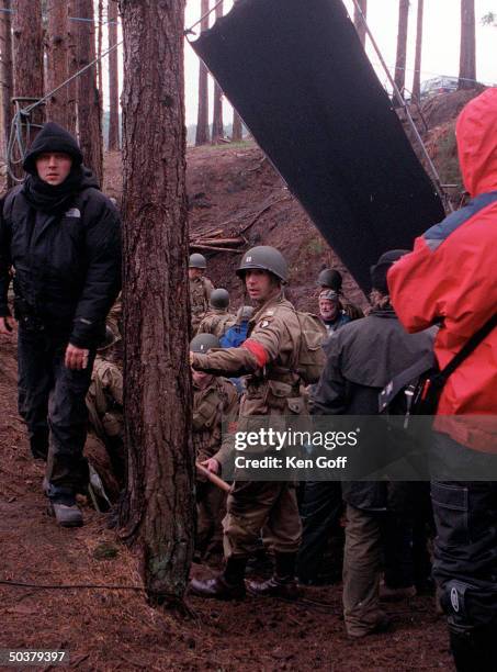 Actor David Schwimmer during making of HBO TV mini-series Band of Brothers, based on WWII historian Stephen Ambrose's nonfiction book on army rifle...