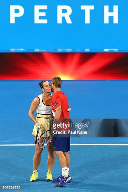 Jarmila Wolfe and Lleyton Hewitt of Australia Gold celebrate winning the mixed doubles matach against Elina Svitolina and Alexandr Dolgopolov of the...