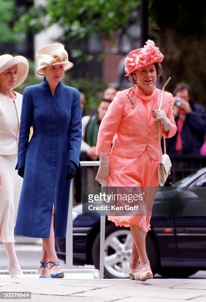 England's Princess Princess Margaret followed by Serena Linley and Sarah Chatto arriving for National Service of Thanksgiving for Queen Mother's...