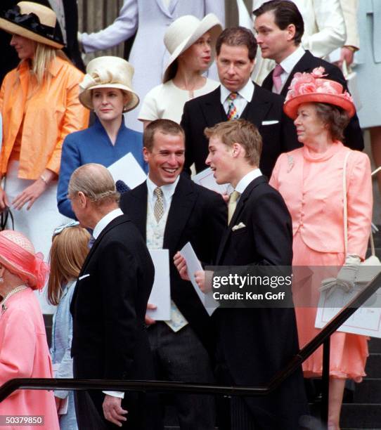 England's Princess Margaret w. Prince William , Peter Phillips , Prince Philip , Viscount Linley & wife Serena & Sarah Armstrong-Jones & husband...