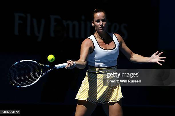 Jarmila Wolfe of Australia Gold plays a forehand in the women's single match against Elina Svitolina of the Ukraine during day five of the 2016...