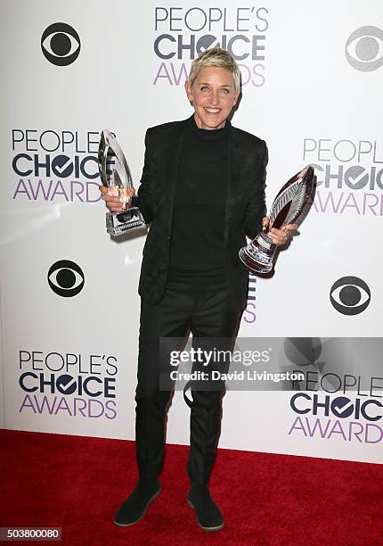 Host Ellen DeGeneres poses in the press room during the People's Choice Awards 2016 at Microsoft Theater on January 6, 2016 in Los Angeles,...