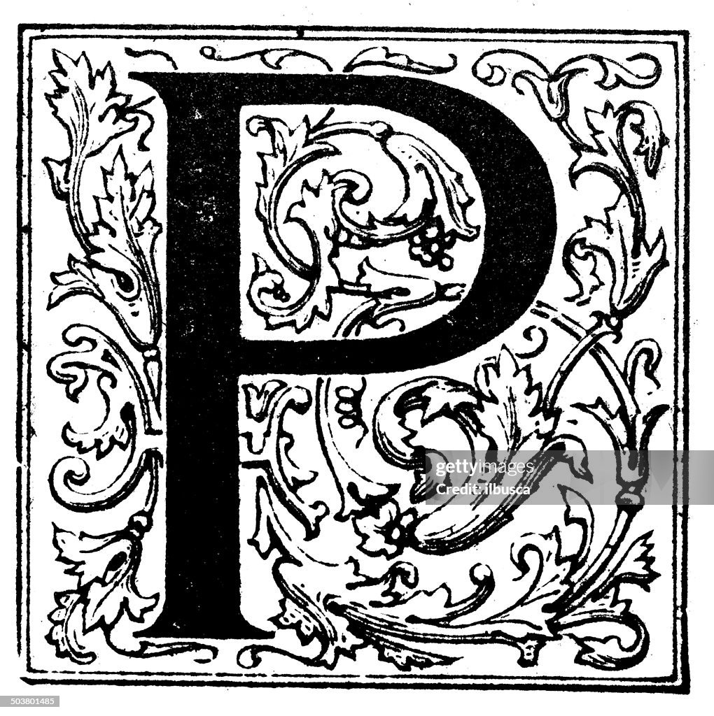 Antique illustration of ornate letter P