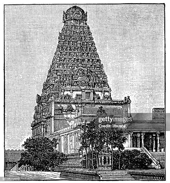 antique illustration of pagoda in tanjore - tanjore painting stock illustrations