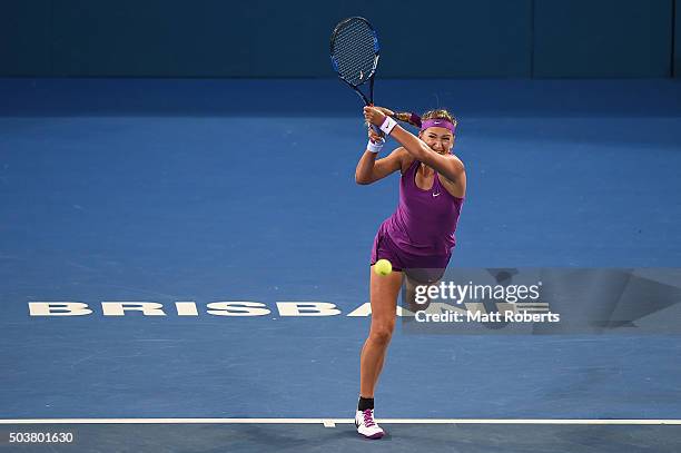 Victoria Azarenka of Belarus plays a backhand against Roberta Vinci of Italy during day five of the 2016 Brisbane International at Pat Rafter Arena...