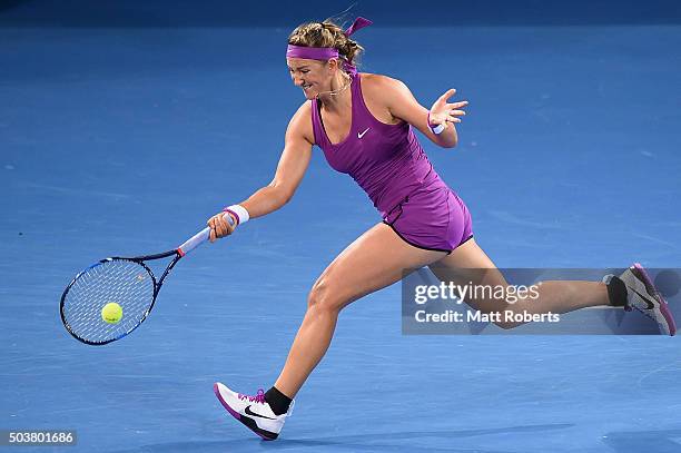 Victoria Azarenka of Belarus plays a forehand against Roberta Vinci of Italy during day five of the 2016 Brisbane International at Pat Rafter Arena...