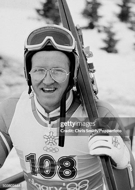 British ski jumper, Eddie 'The Eagle' Edwards, making his way to the ski-lift during the Winter Olympic Games in Calgary, Canada, circa February 1988.