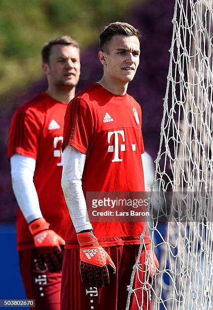 Goalkeeper Christian Früchtl is seen next to Manuel Neuer during a training session at day two of the Bayern Muenchen training camp at Aspire Academy...