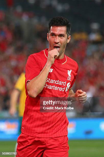 Luis Garcia of the Liverpool FC Legends celebrates scoring a goal during the match between Liverpool FC Legends and the Australian Legends at ANZ...