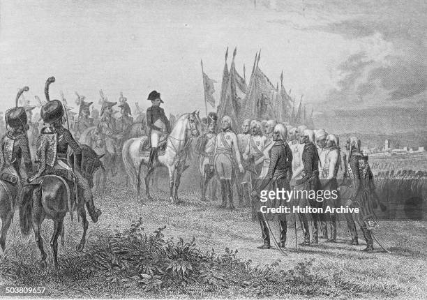The French Grande Armee commanded by Emperor Napoleon Bonaparte accepts the surrender of the Austrian army commanded by General Karl Mack von...