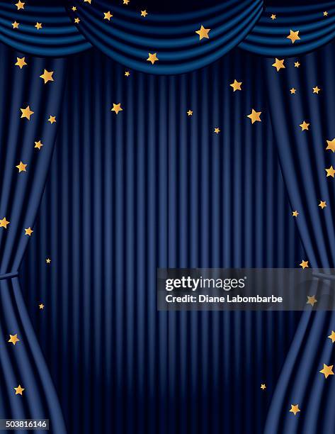 blue movie theatre curtain with gold stars - curtain valance stock illustrations