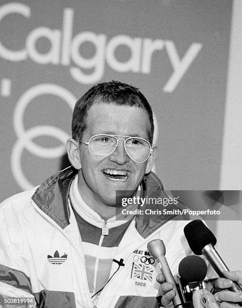 British ski jumper, Eddie 'The Eagle' Edwards, speaking at a media conference during the Winter Olympic Games in Calgary, Canada, 11th February 1988.