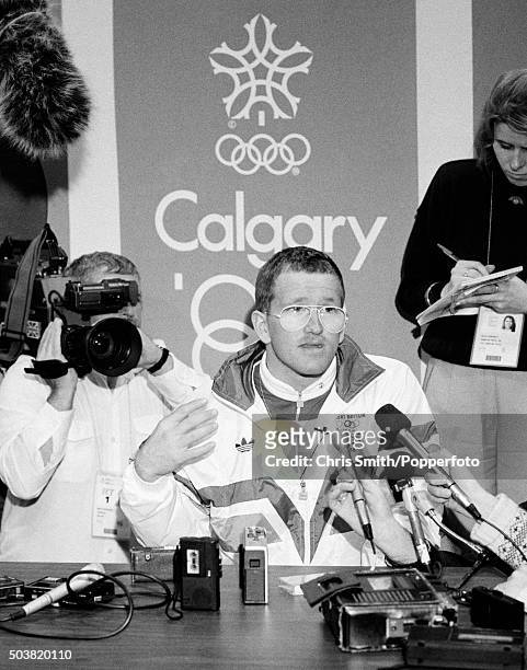 British ski jumper, Eddie 'The Eagle' Edwards, speaking at a media conference during the Winter Olympic Games in Calgary, Canada, 11th February 1988.