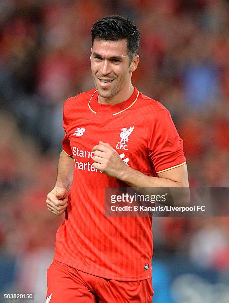 Luis Garcia of the Liverpool Legends celebrates scoring a goal during the match between Liverpool FC Legends and the Australian Legends at ANZ...