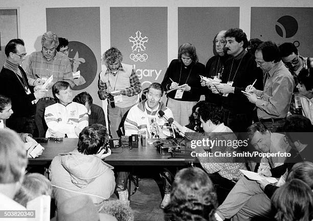 British ski jumper, Eddie 'The Eagle' Edwards , speaking during a media conference at the Winter Olympic Games in Calgary, Canada, 11th February 1988.