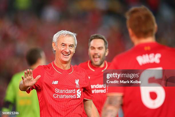 Ian Rush of the Liverpool FC Legends celebrates scoring a goal during the match between Liverpool FC Legends and the Australian Legends at ANZ...