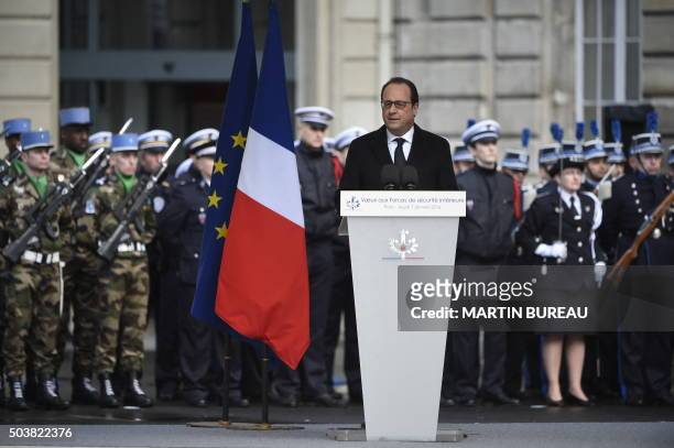 President Francois Hollande delivers New Year's wishes to anti-terror security forces at Paris's police headquarters, in Paris, on January 7 exactly...
