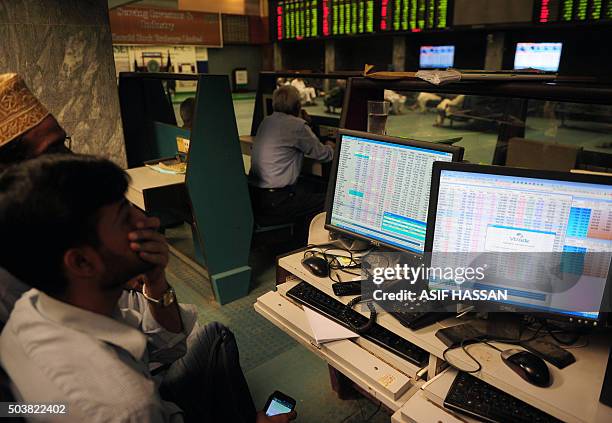 Pakistani stockbrokers watch share prices on monitors during trading at The Karachi Stock Exchange in Karachi on January 7, 2016. The benchmark...