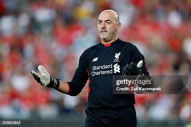 Bruce Grobbelaar of the Liverpool FC Legends reacts during the match between Liverpool FC Legends and the Australian Legends at ANZ Stadium on...