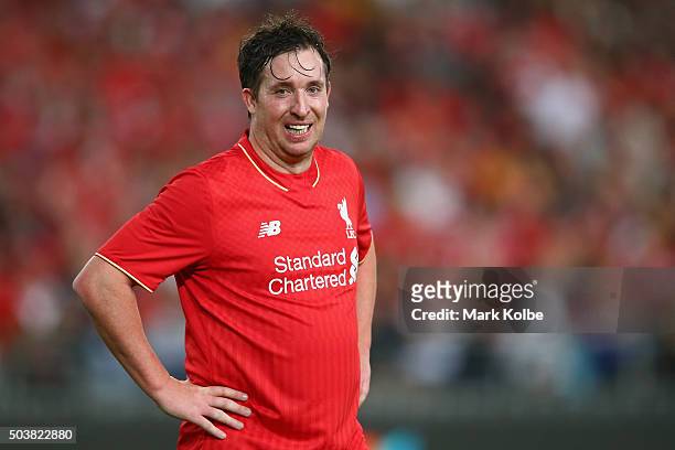 Robbie Fowler of the Liverpool FC Legends reacts after a missed chance during the match between Liverpool FC Legends and the Australian Legends at...