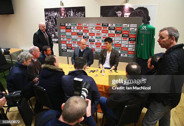Dundee United Head Coach Mixu Paatelainen and Japan international goalkeeper Eiji Kawashima of Dundee United attend a press conference at Tannadice...