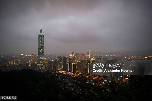 General view of the Taipei 101 during sunset on January 7, 2016 in Taipei, Taiwan. The Taipei 101 is the fifth highest building in the world reaching...