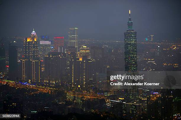 General view of the Taipei 101 during sunset on January 7, 2016 in Taipei, Taiwan. The Taipei 101 is the fifth highest building in the world reaching...